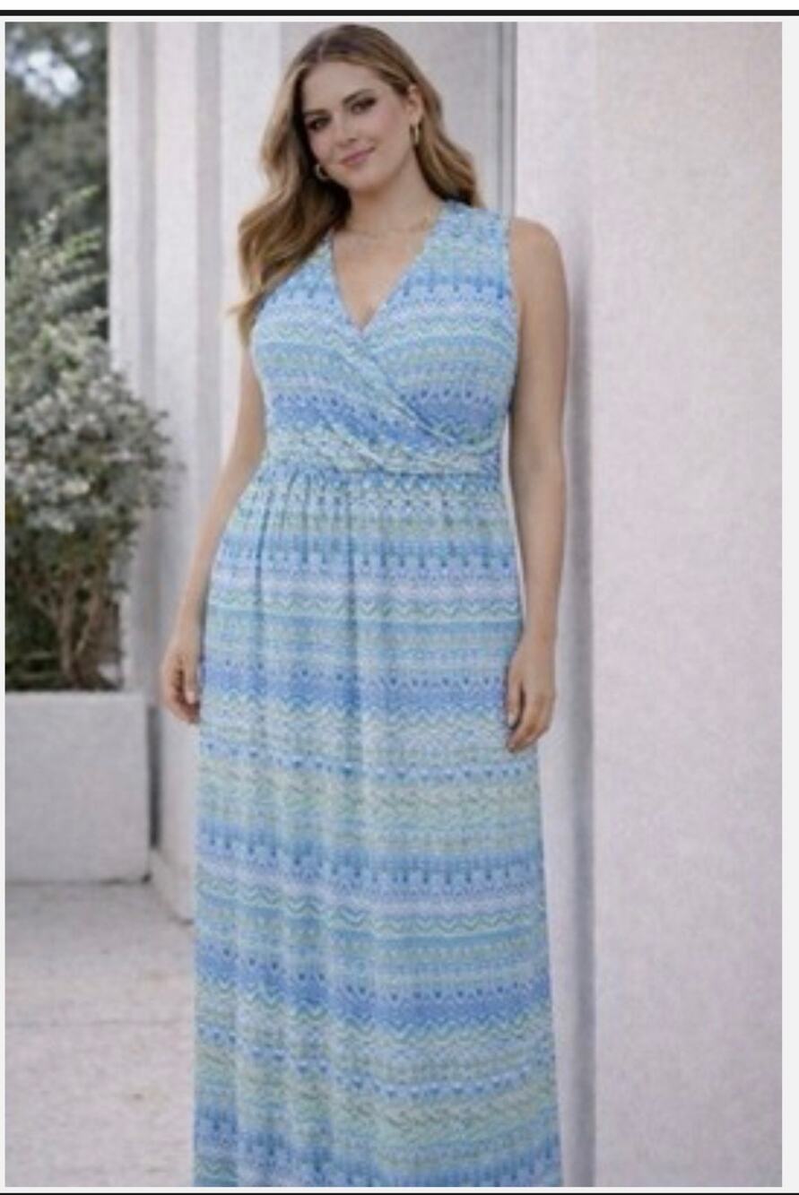 J Jill Sleeveless Maxi Dress Blue Green Print Size XL Coastal Beachy Vacation